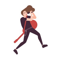 Long-haired man singer, metal rock vocalist or hard rocker with guitar singing in microphone