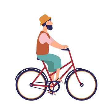 Bearded hipster man in hat and casual clothes riding city bike. Funny male character on bicycle. Pedaling bicyclist isolated on white background. Colorful vector illustration in flat cartoon style.