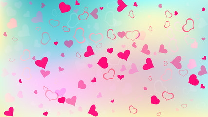 Red hearts of confetti crumbled. Stylish background. A sample of wallpaper design, textiles, packaging, printing, holiday invitation for wedding. Red on Gradient fond Vector.