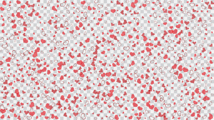 A sample of wallpaper design, textiles, packaging, printing, holiday invitation for wedding. Light background. Red hearts of confetti crumbled. Red on Transparent fond Vector.