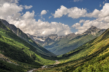 Closeup mountains scenes in national park Dombai, Caucasus, Russia