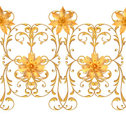 Seamless pattern. Golden textured curls. Oriental style arabesques, stylized flowers, delicate shiny swirl, paisley element, shining background.