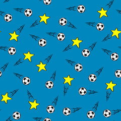 Seamless texture. Blue background. Soccer balls and shooting stars with action lines. Vector illustration in comic style
