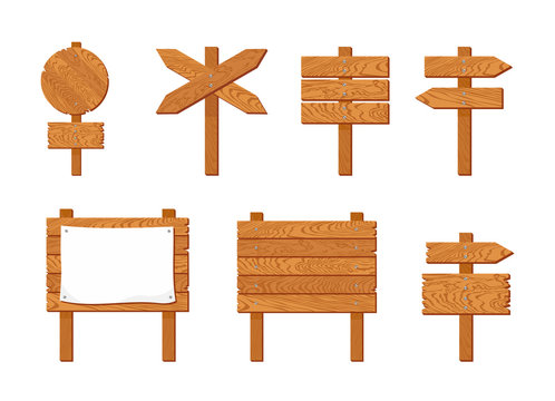 PrintSet of wooden signboards. Vector illustration of signpost, pointer, arrow,  in cartoon flat style.