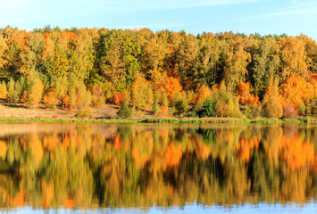 Autumn, autumn trees, yellow, red and green reflected in the water, morning
