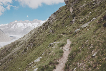 Fototapeta na wymiar Mountains scenes, walk through the great Aletsch Glacier