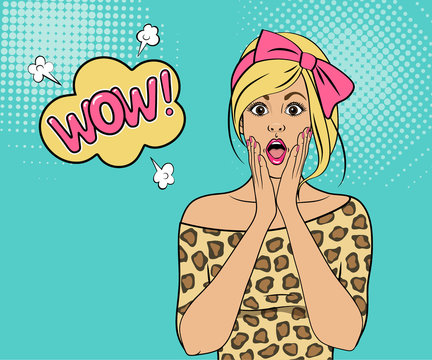 Wow pop art face. Sexy surprised young blonde woman with open mouth and Wow speech bubble. Vector colorful background in pop art comic style.