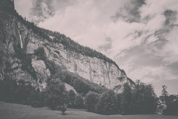 Obraz premium View valley of waterfalls in city Lauterbrunnen, Switzerland, Europe