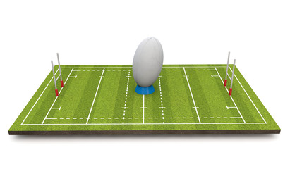 Rugby pitch with ball and goal posts. 3D Render