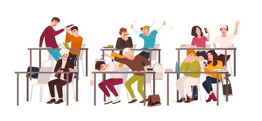 Group of students or pupils sitting at desks in classroom and demonstrating bad behavior - fighting, eating, sleeping, surfing internet on smartphone during lesson. Flat cartoon vector illustration.