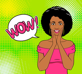 Wow female face. Happy surprised African woman with open mouth and Wow speech bubble. Vector colorful background in pop art retro comic style. Party invitation poster.