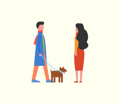 People walking dog on leash, couple and domestic pet vector. Happy man and woman strolling together with canine pedigree with collar. Animal with fur