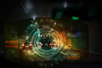 car driving through tunnel; highway tunnel at night.car HUD dashboard. Futuristic user interface HUD and Infographic elements. Abstract virtual graphic touch user interface.