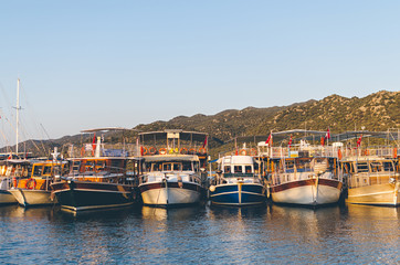 Excursion yacht in Ucagis, Mediterranean Sea. District of Kekova, province of Antalya, Turkey