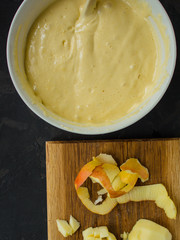 raw dough and apples (eggs, flour and other ingredients apples - Charlotte). food background. copy space