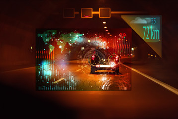 car driving through tunnel; highway tunnel at night.car HUD dashboard. Futuristic user interface HUD and Infographic elements. Abstract virtual graphic touch user interface.