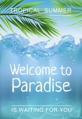 Summer backgrounds with ocean, palms, sky and sunset. Travel placard poster flyer invitation card. Summertime, tropical paradise.