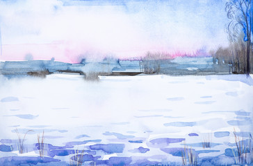 Fototapeta na wymiar Winter landscape of forest and snowy field. Hand drawn watercolor illustration.