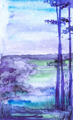 Watercolor illustration of a beautiful summer forest landscape against the night starry sky