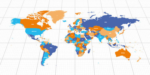 Colorful geopolitical map of World. Bottom perspective view with background grid. Vector illustration