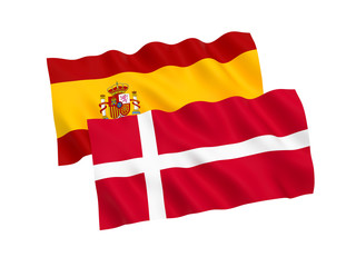 National fabric flags of Spain and Denmark isolated on white background. 3d rendering illustration. 1 to 2 proportion.