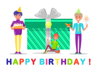 Happy birthday vector, celebration of holiday, present wrapped in paper and decorated with bow. People wearing caps made of paper holding cocktails
