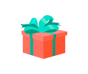 Red gift box decorated by green satin ribbon vector isolated icon. Square shape present, symbol of surprise on shopping, Valentine day and Birthday cardboard