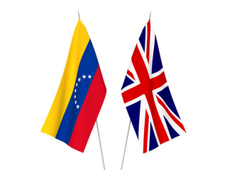 National fabric flags of Great Britain and Venezuela isolated on white background. 3d rendering illustration.
