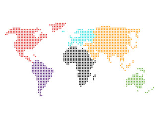 Fototapeta na wymiar World map mosaic of small crosses in defferent color for each continent. Dotted design. Simple flat vector illustration