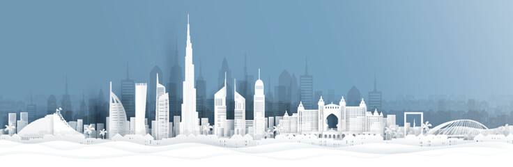 Panorama view of Dubai and city skyline with world famous landmarks in paper cut style vector illustration