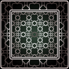 Background, Geometric Pattern With Ornate Lace Frame. Illustration. For Scarf Print, Fabric, Covers, Scrapbooking, Bandana, Pareo, Shawl. Silver. dark grey, green color color