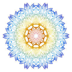 Ornamental Circle Pattern. Hand Draw Mandala. Vintage Decorative Elements. Vector illustration. Red, yellow, blue gradient. For Book, Greeting Card, Invitation, Tattoo. Anti-Stress Therapy Pattern.