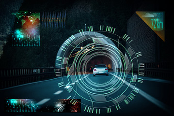 car driving through tunnel; highway tunnel at night.car HUD dashboard. Futuristic user interface HUD and Infographic elements. Abstract virtual graphic touch user interface.