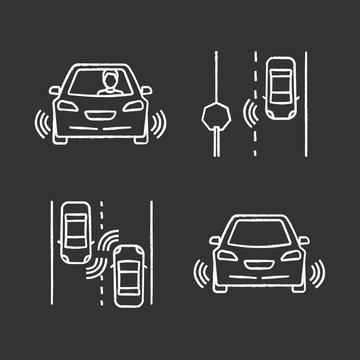 Autonomous Car Chalk Icons Set