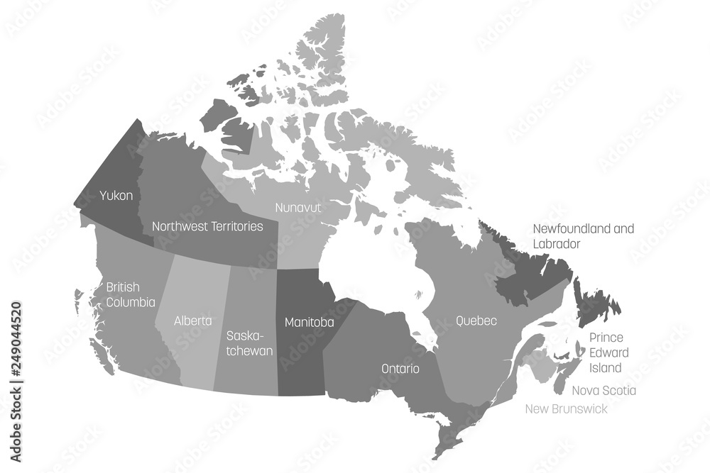 Wall mural Map of Canada divided into 10 provinces and 3 territories. Administrative regions of Canada. Grey map with labels. Vector illustration - Wall murals