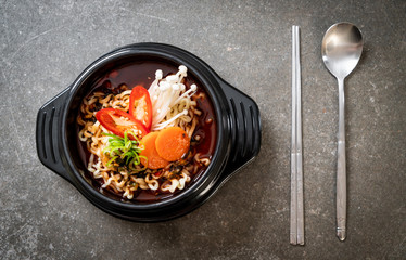 korean instant noodles in black bowl