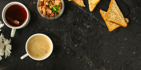 breakfast or snack (coffee, yogurt, cheese, sandwiches, cornflakes and more). Food background