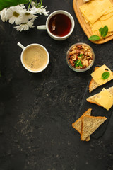 breakfast or snack (coffee, yogurt, cheese, sandwiches, cornflakes and more). Food background