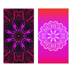 Colorful Ornamental Ethnic Flyer. Templates With Tribal Mandalas. Vector illustration. Purple, black, white color. For Wedding Invitation, Thank You Card, Save Card