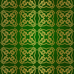 Luxury Seamless Geometrical Linear Texture. Original Geometrical Puzzle. Backdrop. Vector illustration. Green gold color. Design For Prints, Textile, Decor, Fabric.