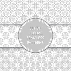 Floral seamless patterns compilation. Gray designs on white backgrounds