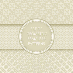 Compilation of geometric seamless patterns. White designs on olive green background
