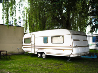 Trailer camper holiday trip, motorhome at mountain on holiday, beach, forest.