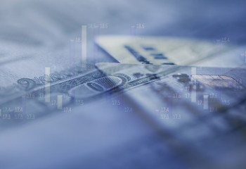 Obraz premium Double exposure Rows of coins of Credit cards on the table,finance and business concept,Money,soft focus and blurred style,dark tone.