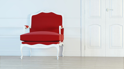 Classic red armchair on interior wall background. 3d rendering.