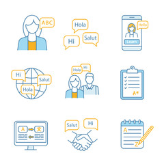 Foreign language learning color icons set