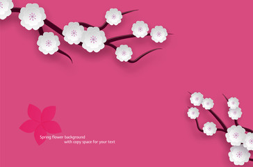 Abstract branches with white flowers and pink background