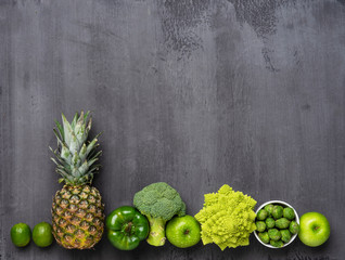 Healthy eating ingredients: fresh vegetables, fruits and superfood. Nutrition, diet, vegan food concept