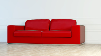 Red leather luxury sofa in white room