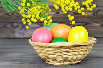 Easter basket with colorful Easter eggs and mimosa flowers